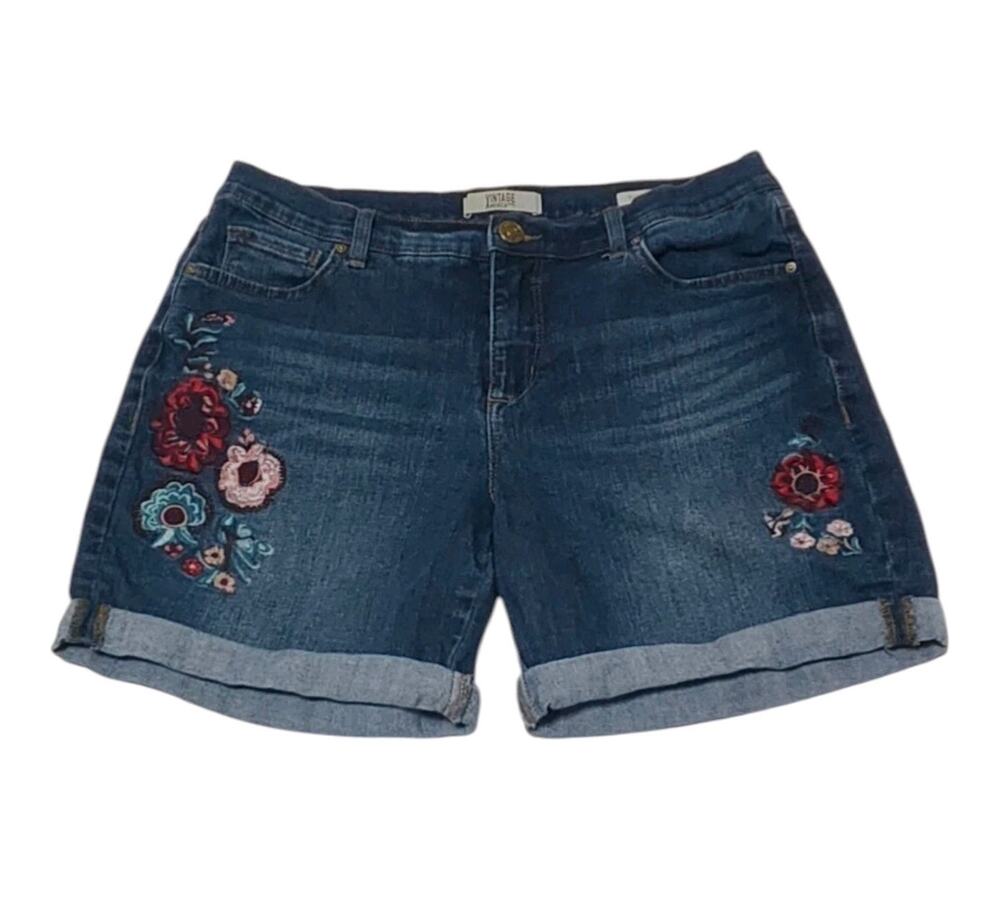 Vintage America Women’s “Bestie” Denim Cuffed Shorts – Floral Embroidery Size 6